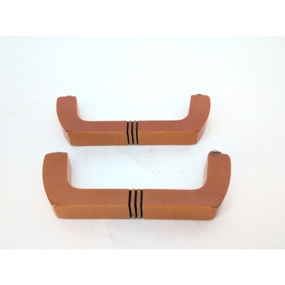 Pair Of Bakelite 3" Drawer Pull Handle Butterscotch Black Lines Art Deco